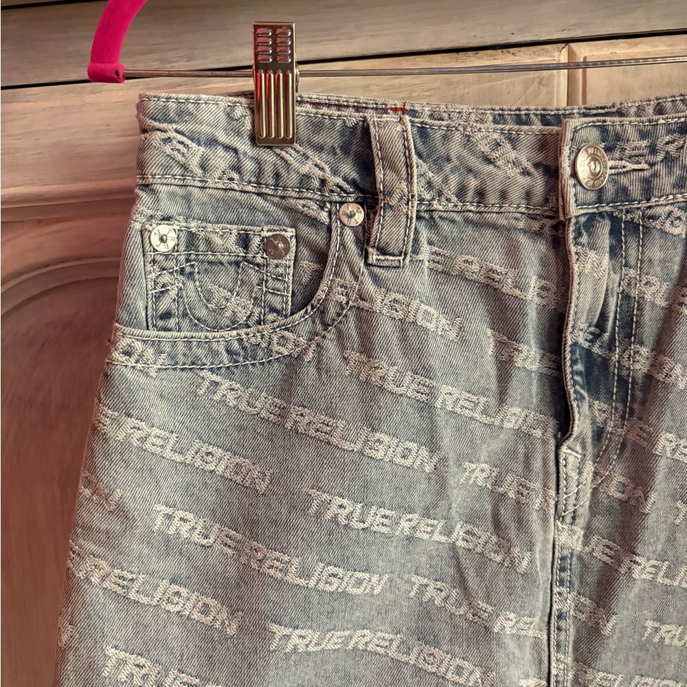 True Religion Monogram High Rise Denim Mini Skirt Leaping Water Y2K - Picture 6 of 11